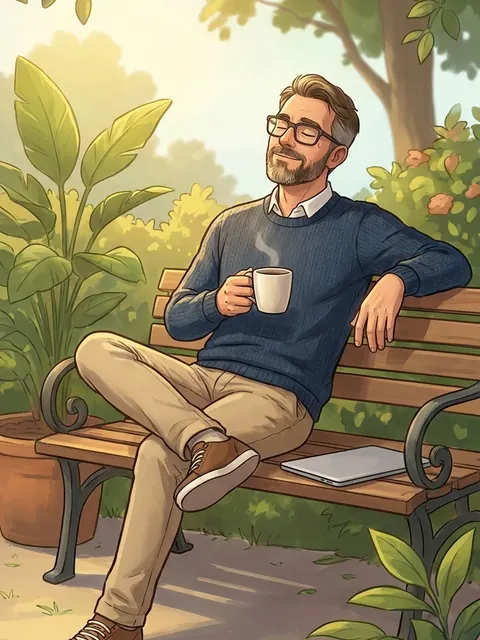 Illustration: Markus relaxes with a cup of coffee on a garden bench in the sun, the laptop closed beside him.