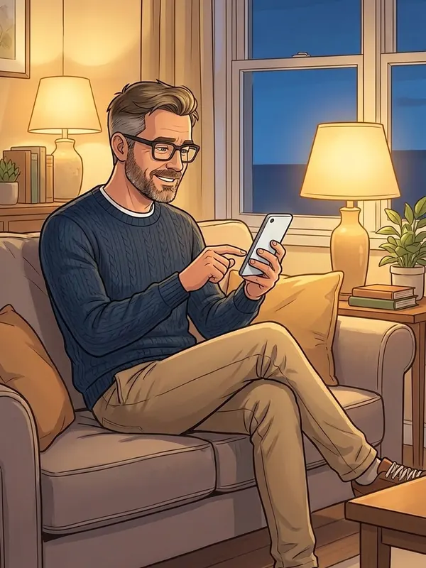 Illustration: Markus sits on the couch in the evening and taps his phone once to approve.