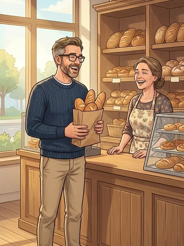Illustration: Markus picks up bread at the bakery and laughs with the baker, no phone in his hand.