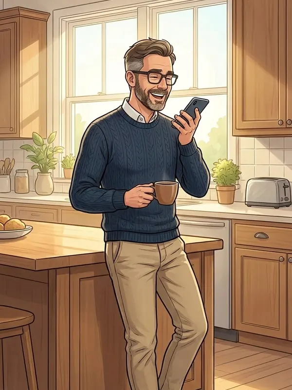 Illustration: Markus stands at the kitchen counter in the morning with coffee, speaking one sentence into his phone.
